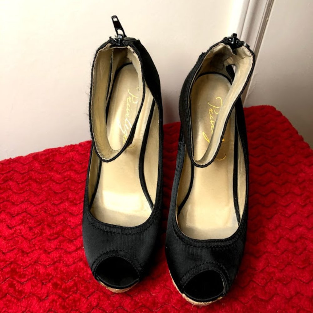 Black Peep Toe Wedge Heels